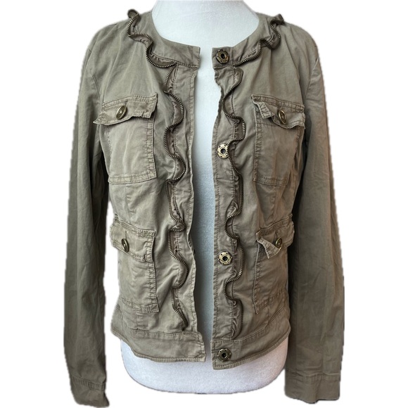Michael Kors 90s Y2K Utility Jacket Sz 4 Xs; Zipper Trim Ruffles, Khaki Green - Picture 2 of 11